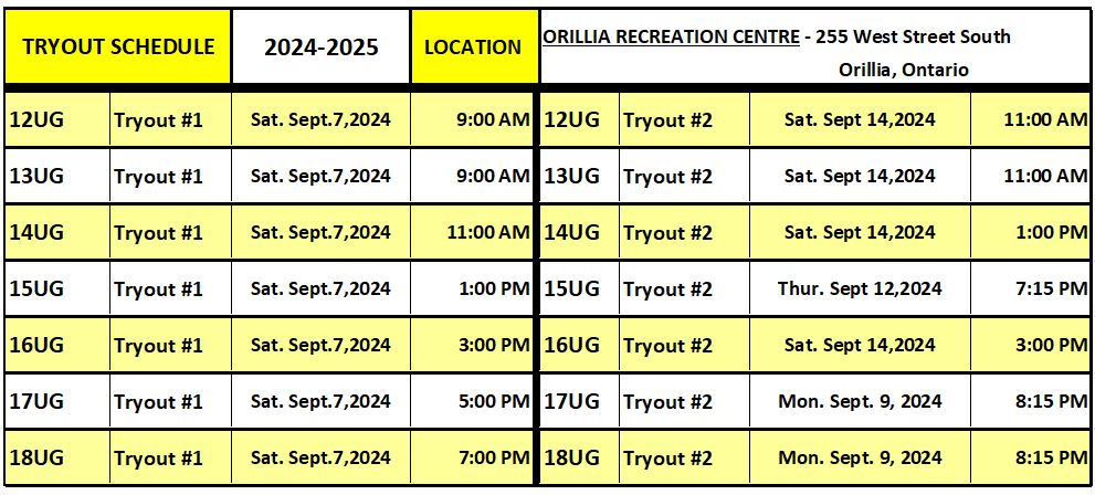 2024-25 Tryout Schedule